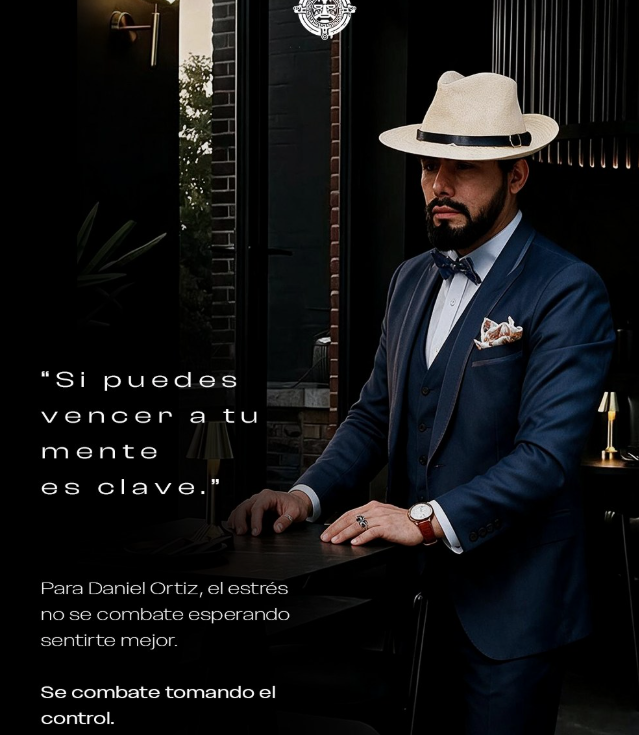 Fotografía editorial de Daniel Ortiz con traje azul y sombrero